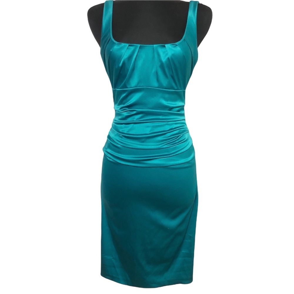 Suzi Chin for Maggy Boutique Green Dress Size 4 Teal Sating Stretch Square Neck